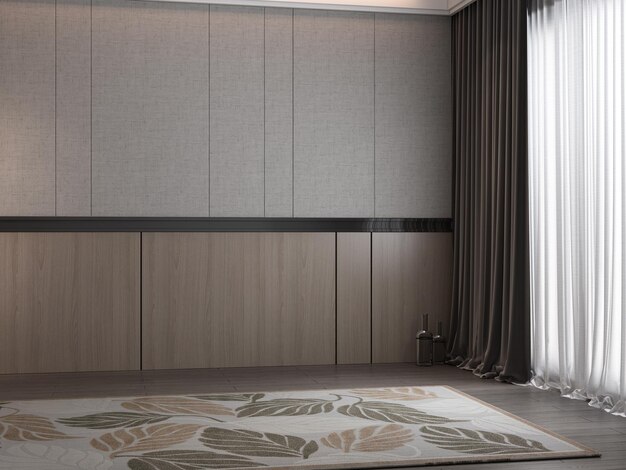 Foto una stanza con un tappeto e un tappeto con un modello di foglia su di esso.