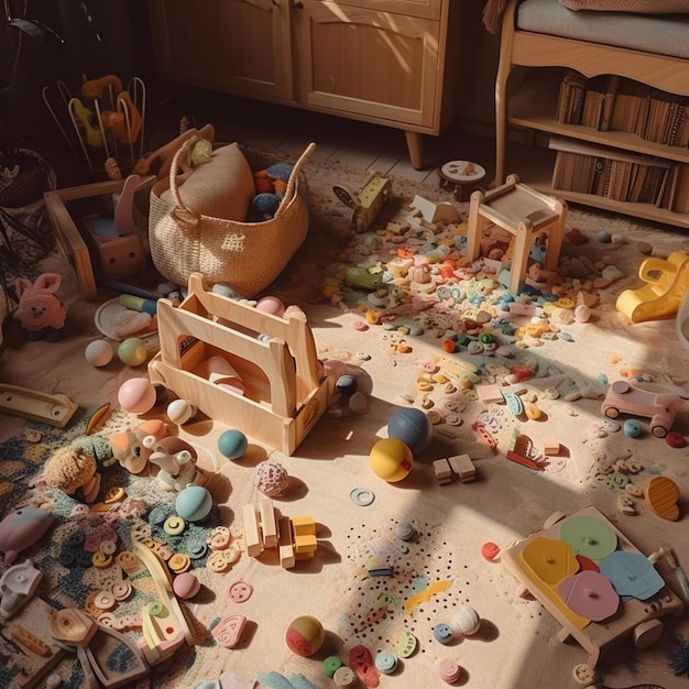 A room with a rug, a rug, a wooden toy, and a letter on it.