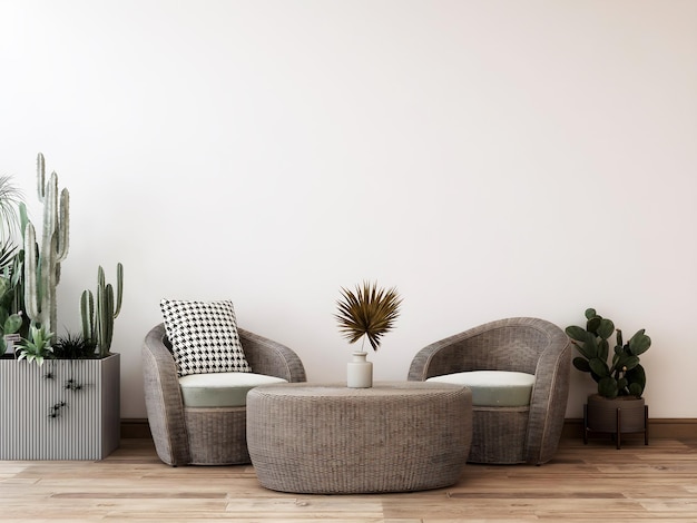 Room with rustic wooden desk, hanging lamp, plant, rattan chair, and 2 empty frame.