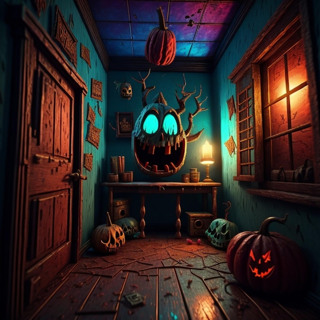 A room with a scary face and pumpkins on the wall.