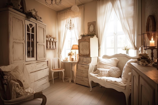 A room with shabby chic furniture cozy and warm