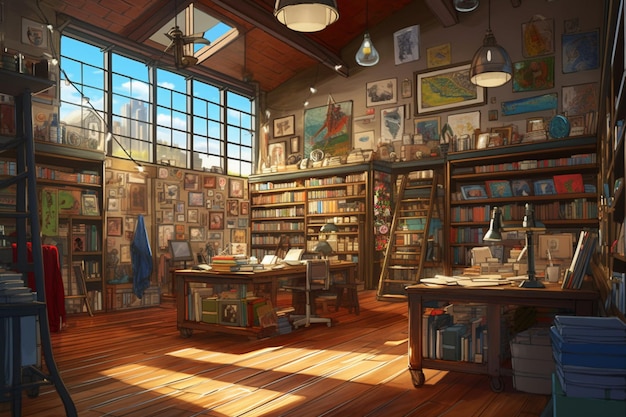 A room with a shelf full of books and a lamp