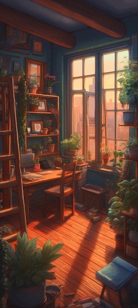 A room with a shelf full of plants and a bookcase with a bookcase.