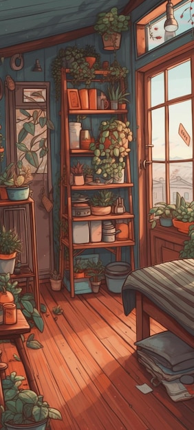 A room with a shelf that has plants on it