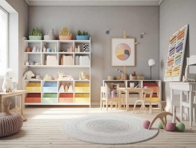 A room with a shelf that says'playroom'on it