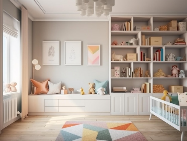 A room with a shelf with a colorful rug and a shelf with a teddy bear on it.