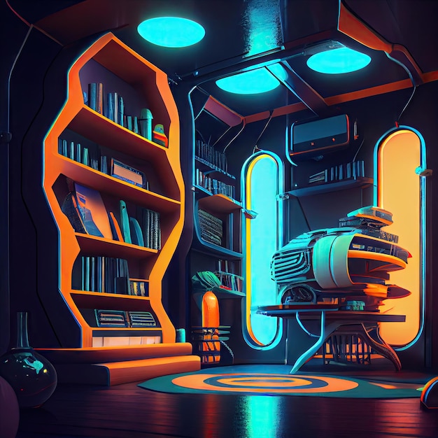 Room with shelves and lamps scifi futuristic interior created with generative ai