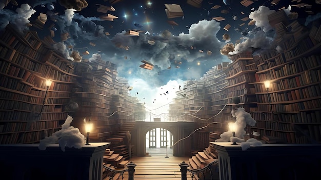 A room with a sky full of books and a book in the middle