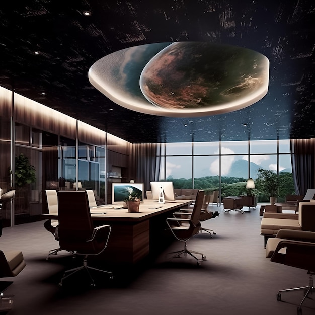 A room with a sky that has a planet on it