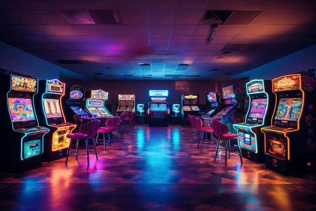 A room with a slot machine and the lights on the wall