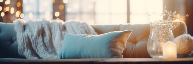 Photo a room with sofa and beautiful pillows in the window