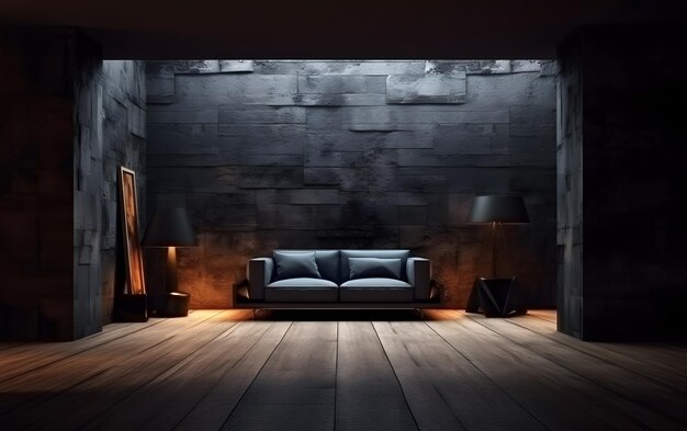 A room with a sofa and a lamp on the wall