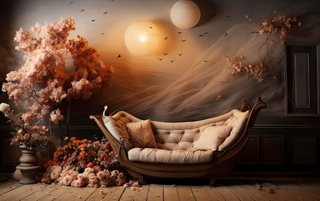 a room with a sofa and a tree with birds flying around.