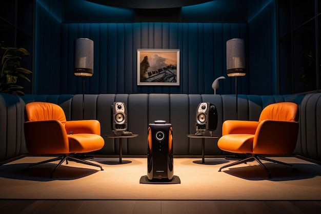 a room with a speaker and orange chairs