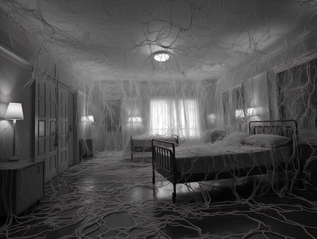 Photo a room with a spider web on the wall and a bed with a spider web on it