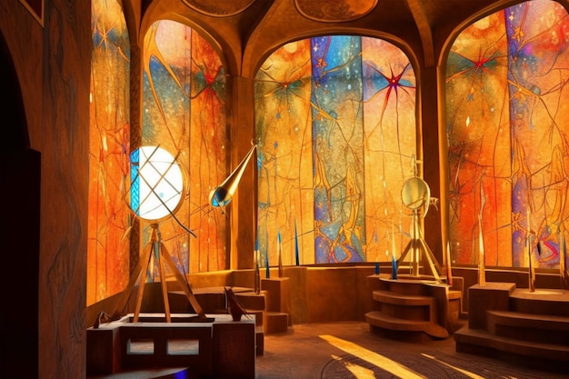 A room with a stained glass window that says " the word " on it.