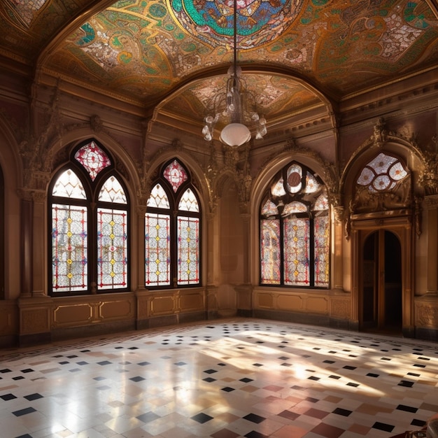 A room with stained glass windows and a stained glass window