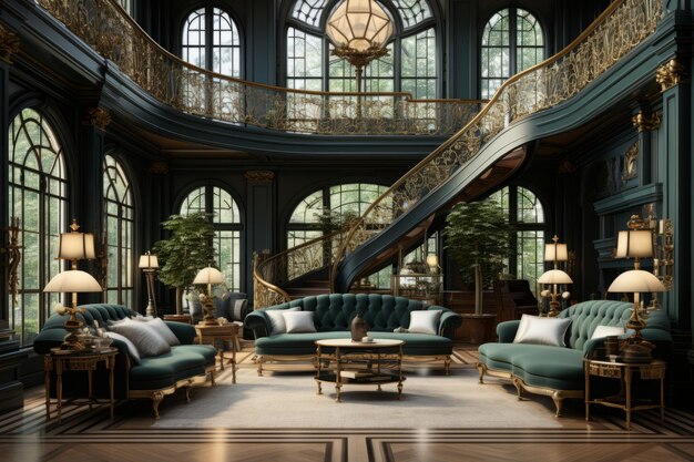 a room with a staircase and a clock on the top of the stairs