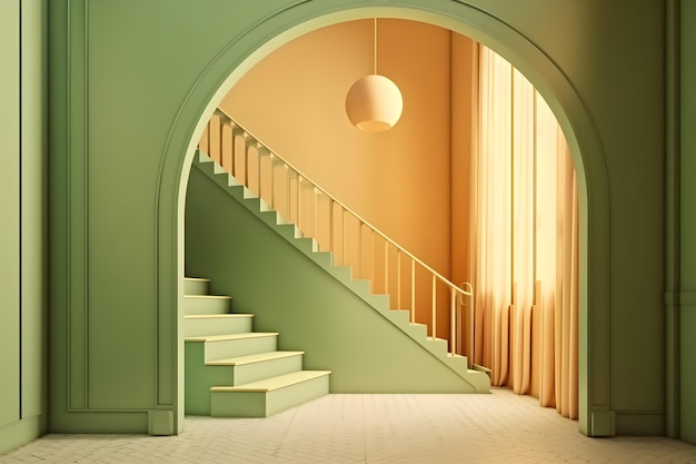 A room with a staircase and a light fixture