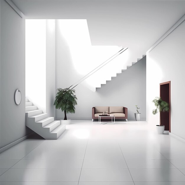 A room with a staircase and a plant on the floor