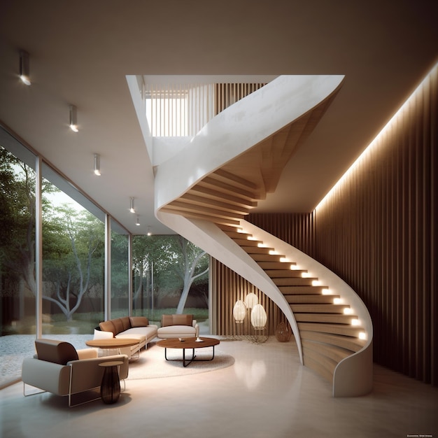 A room with a staircase that has a staircase that has a staircase that leads to a balcony.
