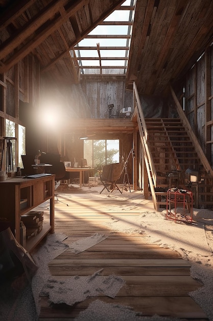 A room with a staircase and a wooden floor that has a light on it.