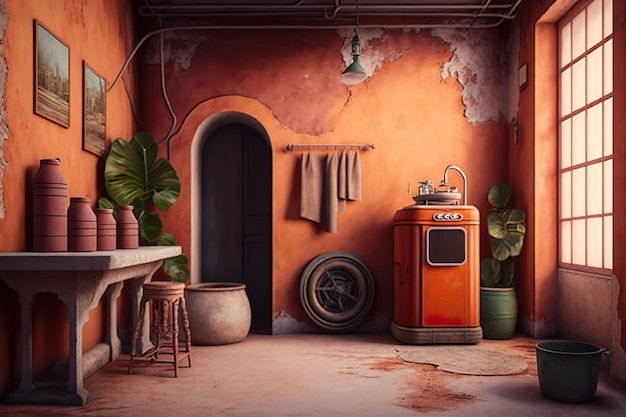A room with a stove and pots and plants