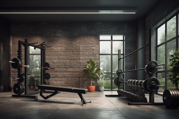 a room with a table and a bench with a plant in the background