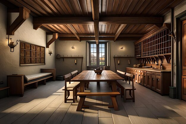 A room with a table and benches in it