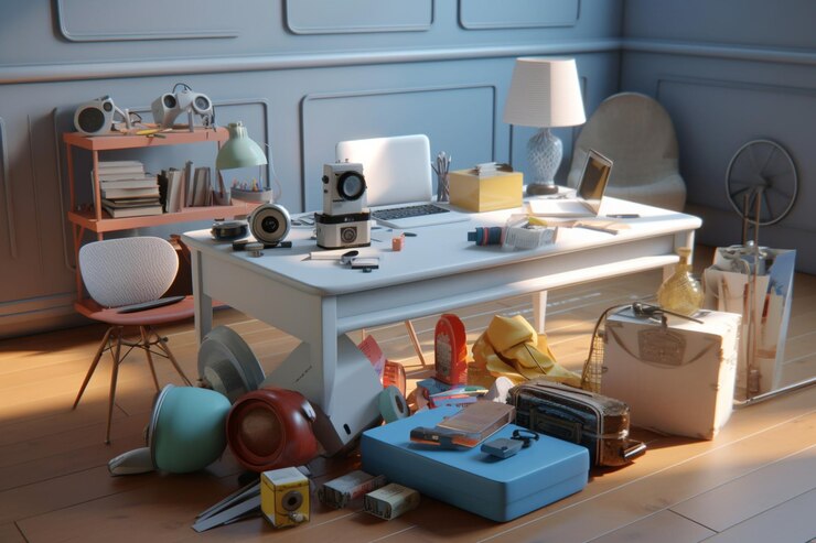 Photo a room with a table and a bunch of objects on it