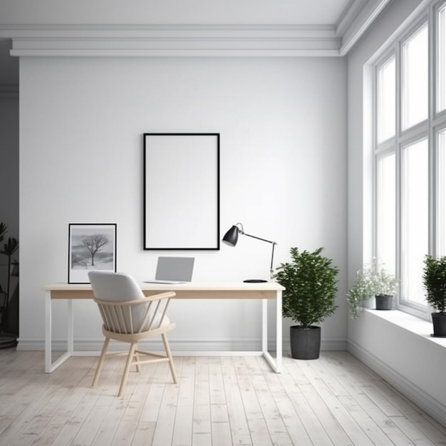 A room with a table and a chair and a window with a picture of a tree on it.