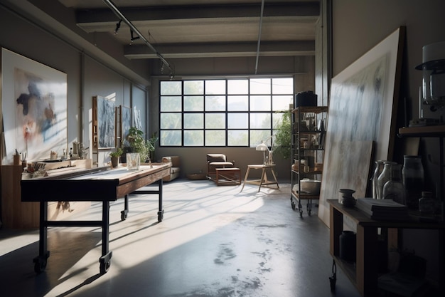 Photo a room with a table and chairs and a bookcase