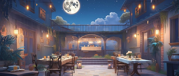 a room with a table and chairs and a full moon