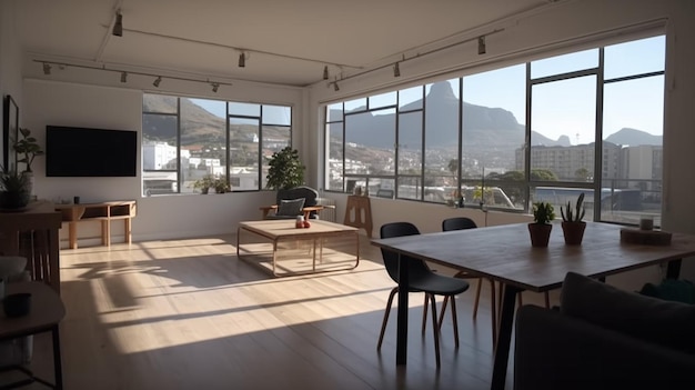 A room with a table and chairs and a mountain in the background