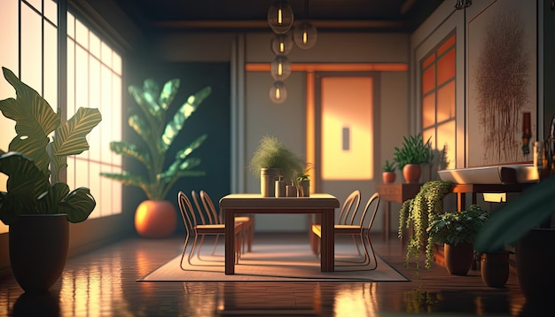 A room with a table and chairs and plants