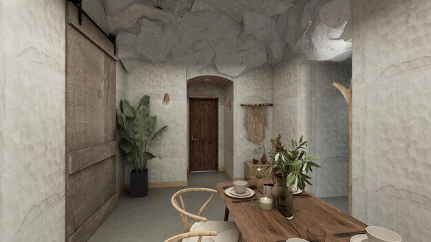 A room with a table and chairs and a wall with a stone arch