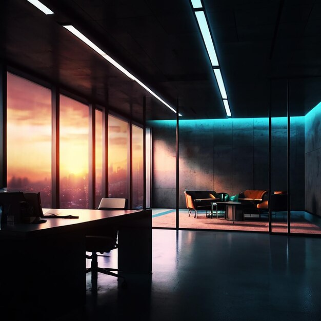 a room with a table and chairs and a wall with a sunset on the top