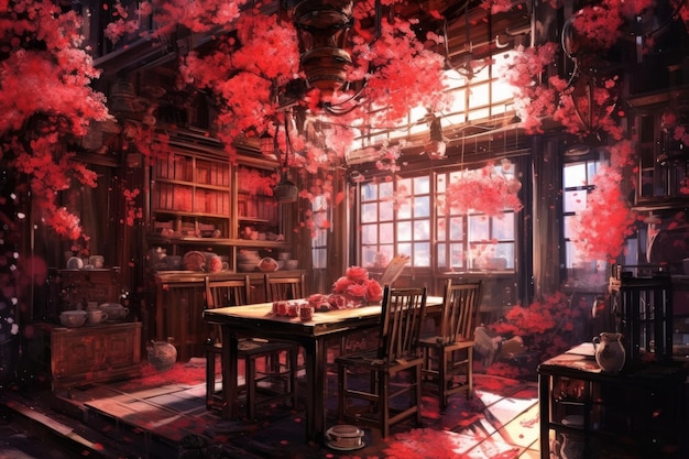 A room with a table and chairs and a window with red flowers