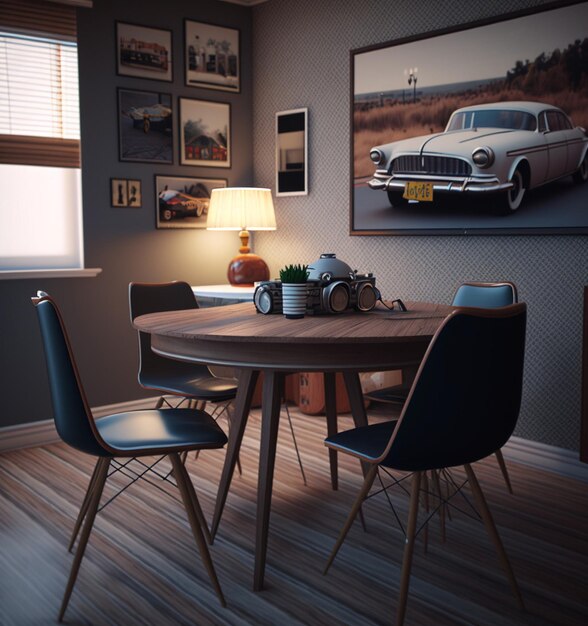 Photo a room with a table and chairs with a picture of a car on it.