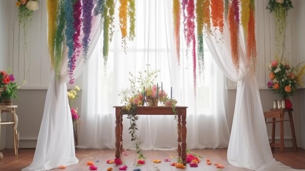 A room with a table and flowers in front of a window