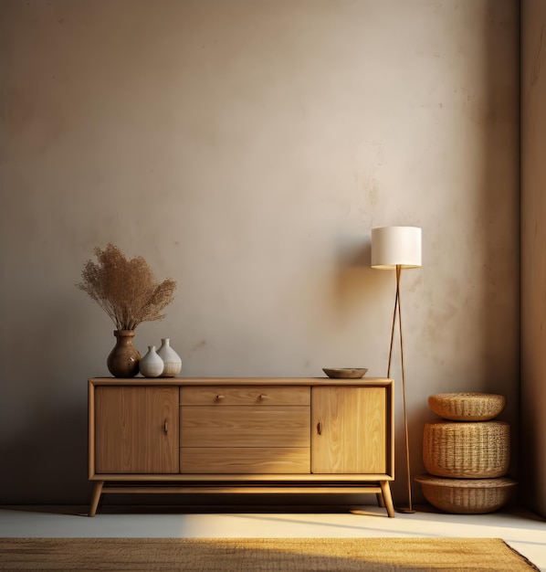 room with a table a lamp and a basket with a vase on it