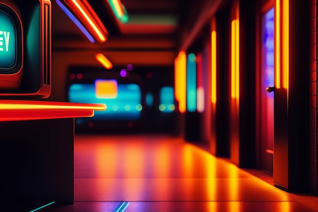 Foto una stanza con un tavolo e delle luci al neon
