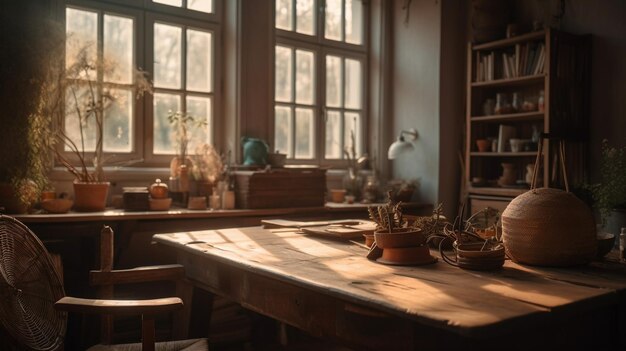 A room with a table and plants on it