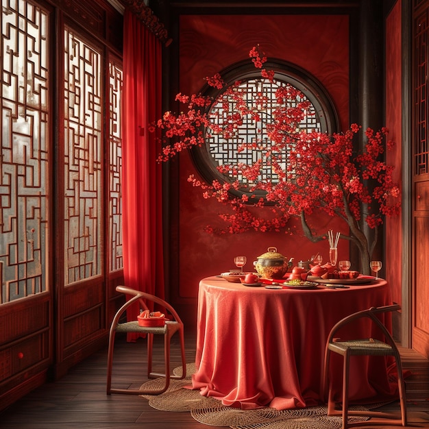 a room with a table and a red tablecloth with a red tablecloth