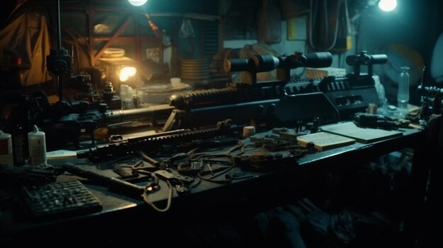 A room with a table that has a bunch of guns on it