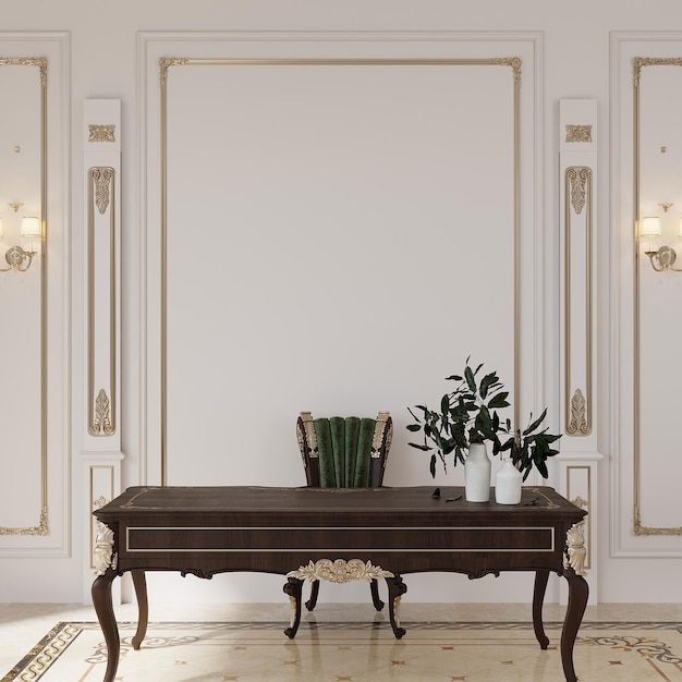 Photo a room with a table and two chairs and a wall with gold trim.