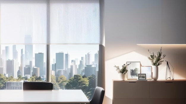 A room with a table and a window that has a picture of a city in the background.