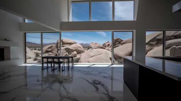 A room with a table and a window that says'rock'on it