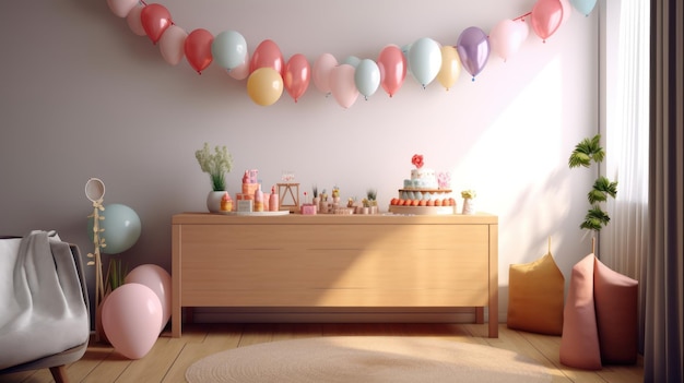 A room with a table with balloons and a cake on it