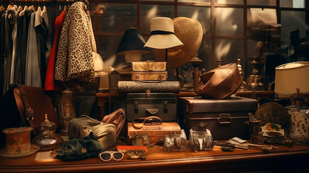 a room with a table with a suitcase hat and sunglasses